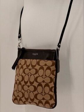 Coach Signature Authentic Canvas Crossbody Brown Tan Leather Trim Bag